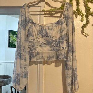 Blue Toile Print Long Sleeve Crop Top
